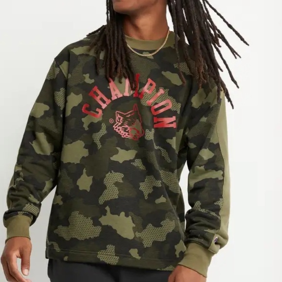 Men's Champion AOP Urban Pursuit Fleece Crew Mesh Camo Cargo Olive L - Picture 1 of 6